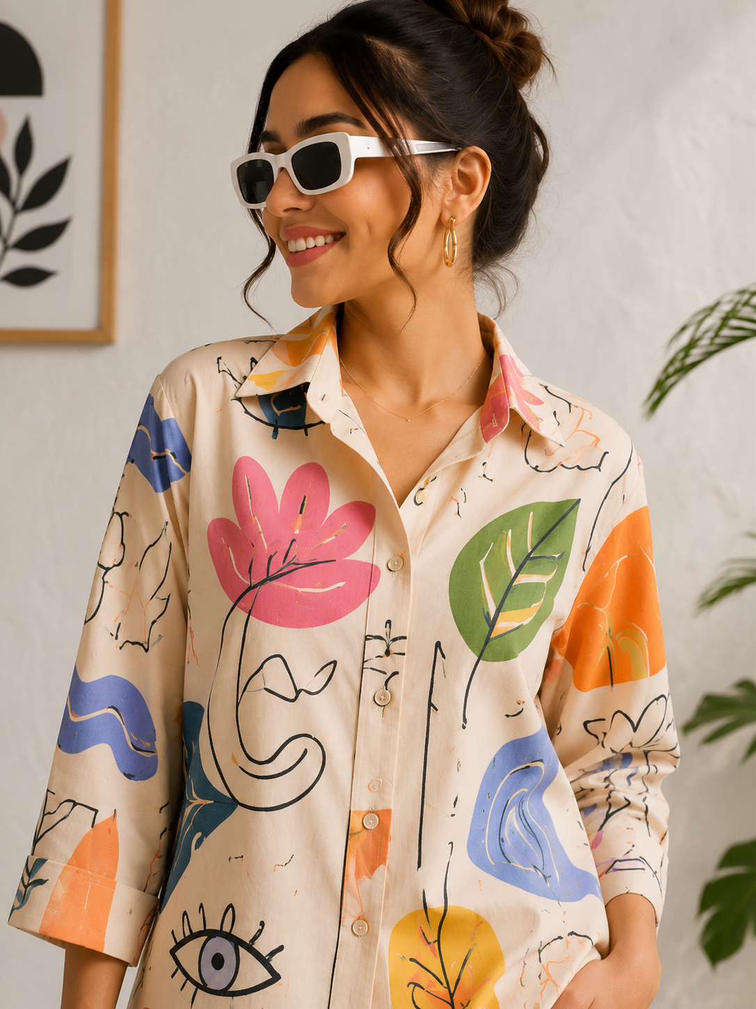 Women's Premium Cotton Printed Co-ord Lounge Set – White Multicolor Floral Print