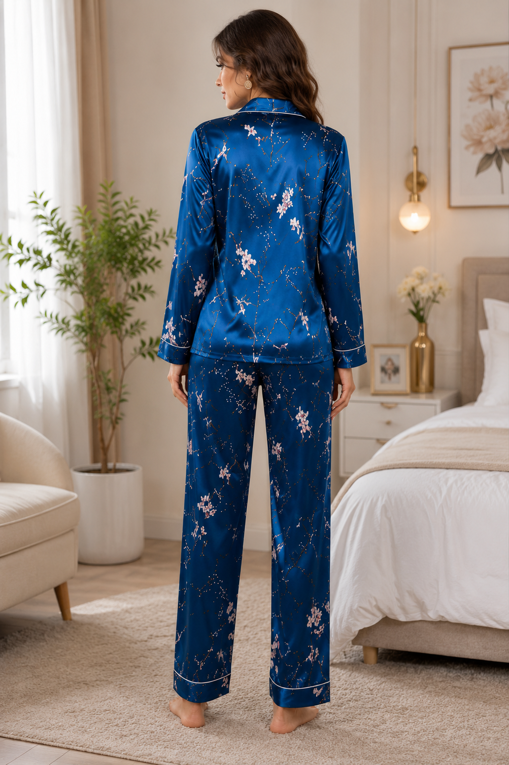 Women’s Blue Floral Satin Night Suit Set | Full Sleeve Button-Down Pajama Set  Product Description