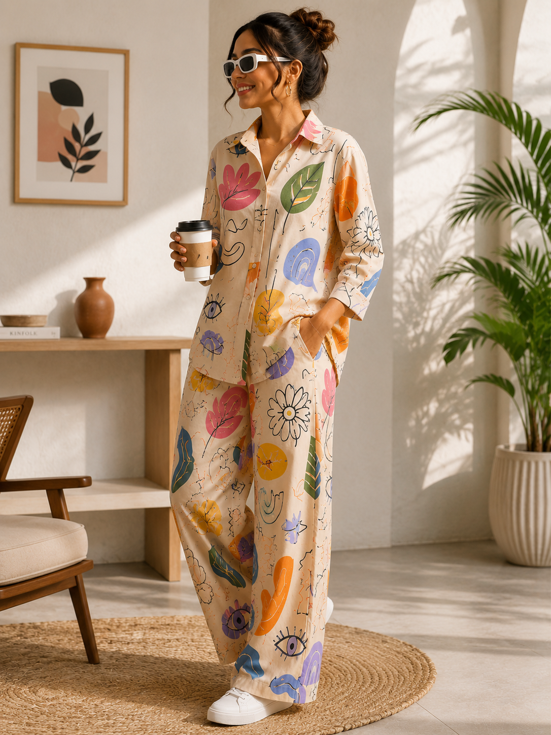 Women's Premium Cotton Printed Co-ord Lounge Set – White Multicolor Floral Print