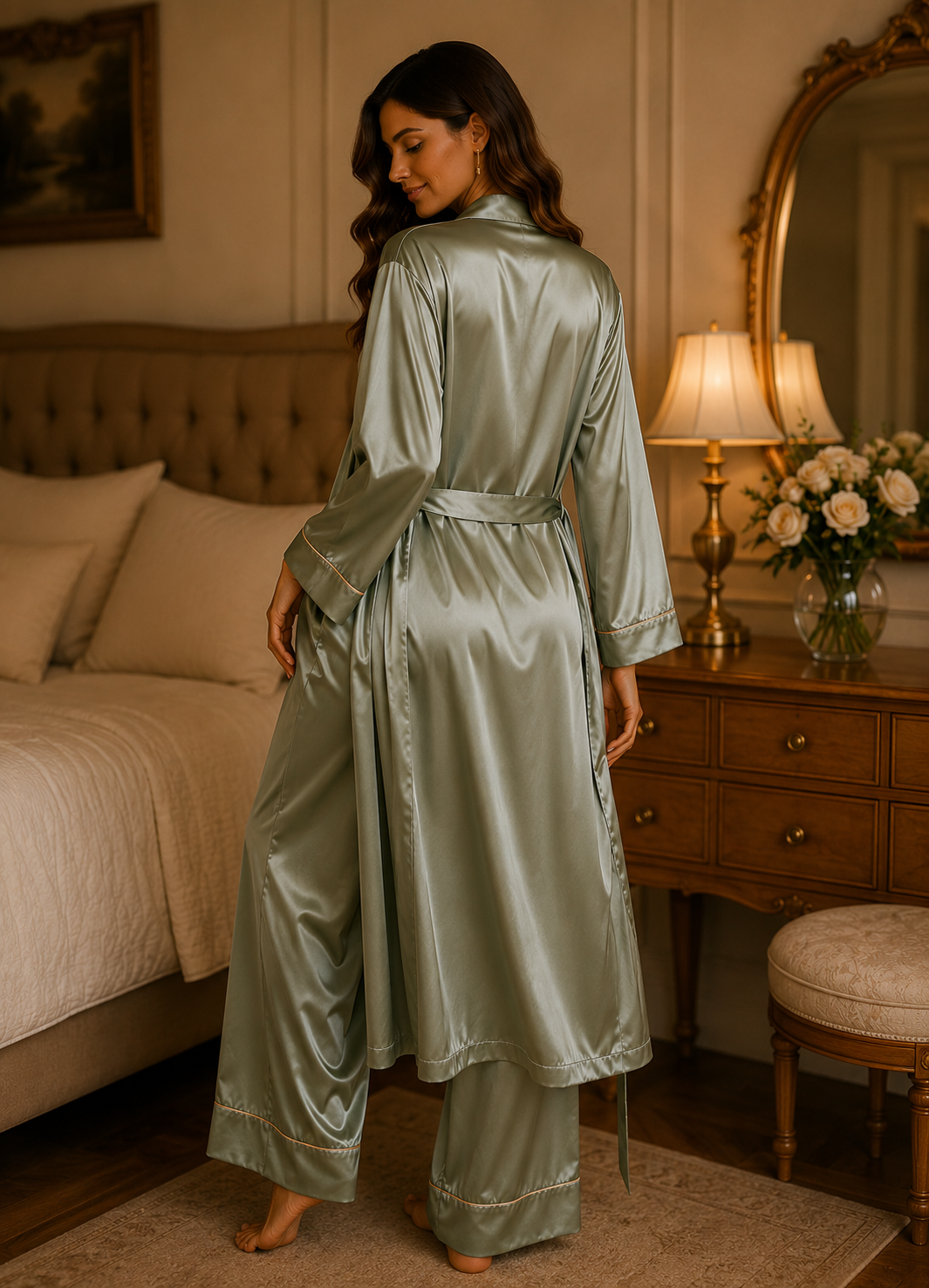 Women’s Plain Satin 3-Piece Lounge Set with Long Robe Set
