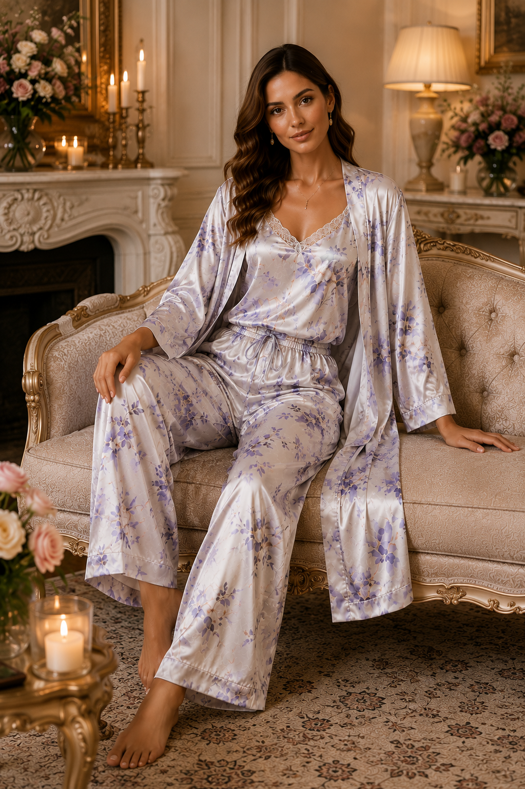 Women’s Premium Lavender Floral Satin 3-Piece Night Suit with Lace Camisole, Wide-Leg Pants & Long Robe