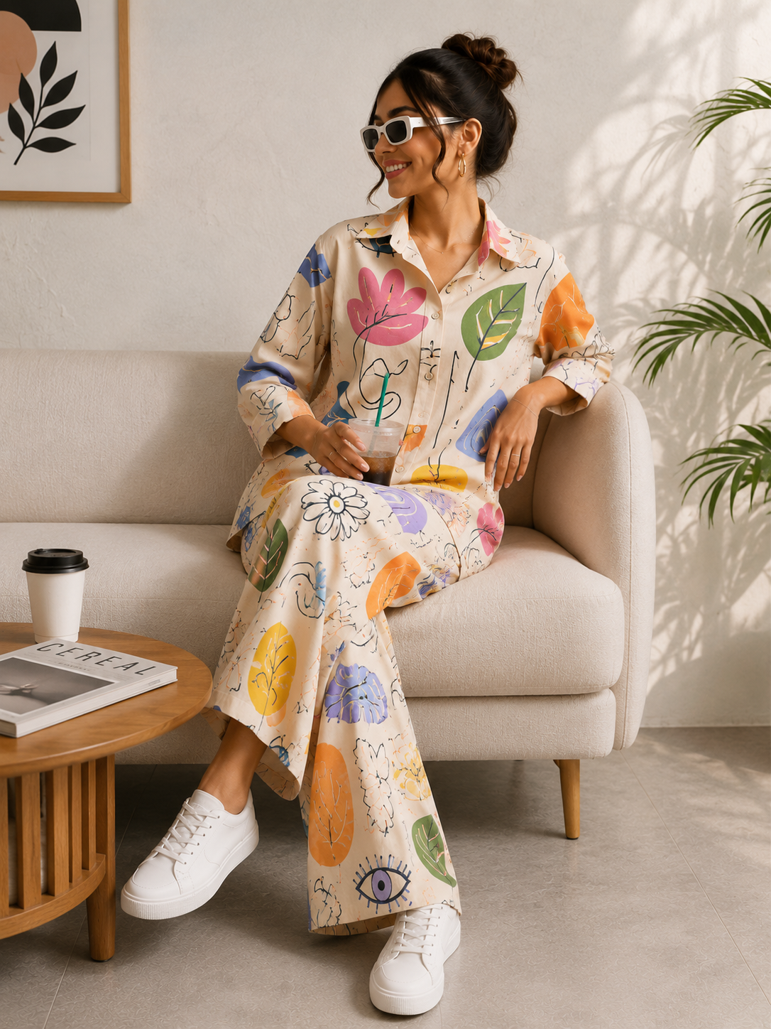 Women's Premium Cotton Printed Co-ord Lounge Set – White Multicolor Floral Print