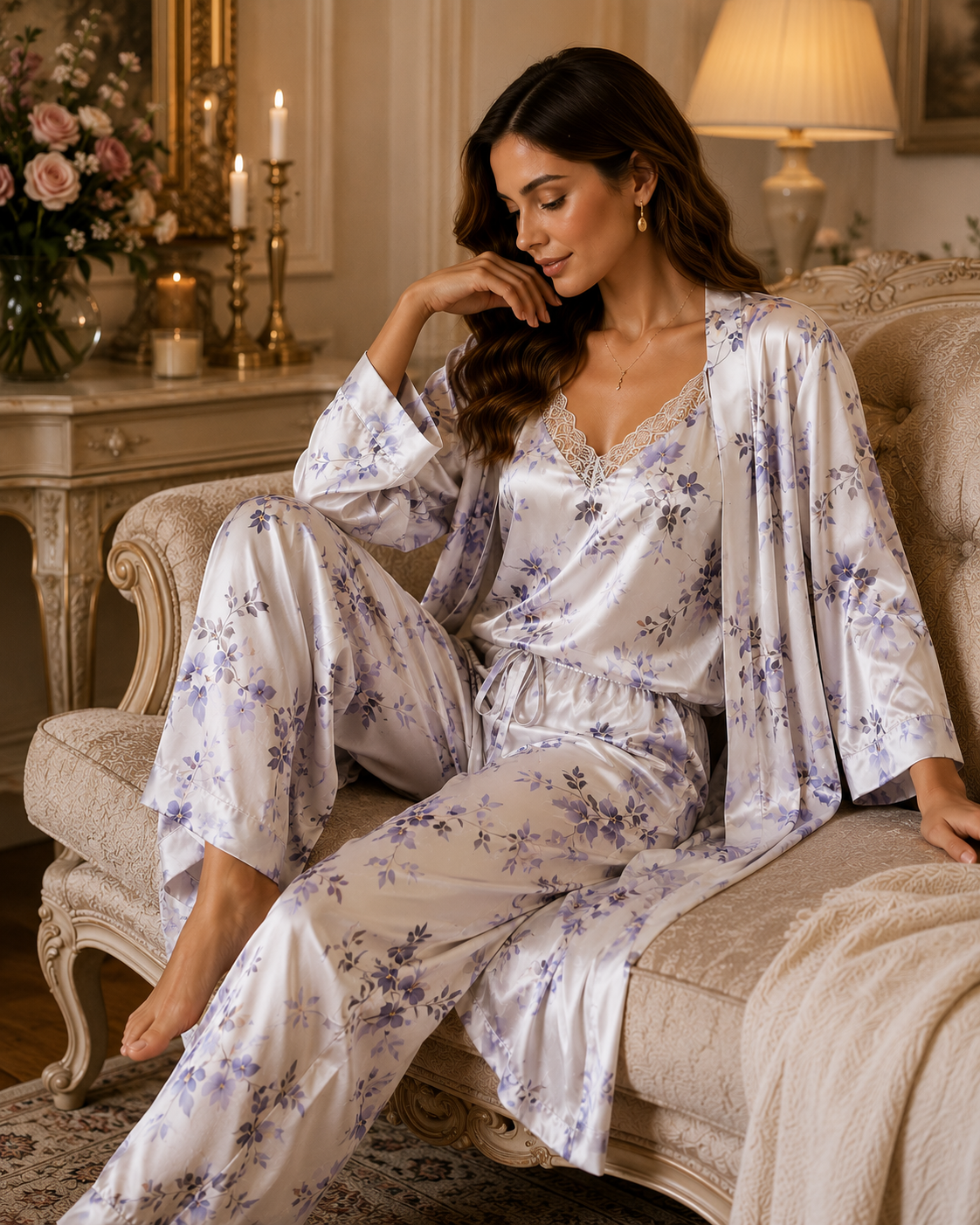 Women’s Premium Lavender Floral Satin 3-Piece Night Suit with Lace Camisole, Wide-Leg Pants & Long Robe