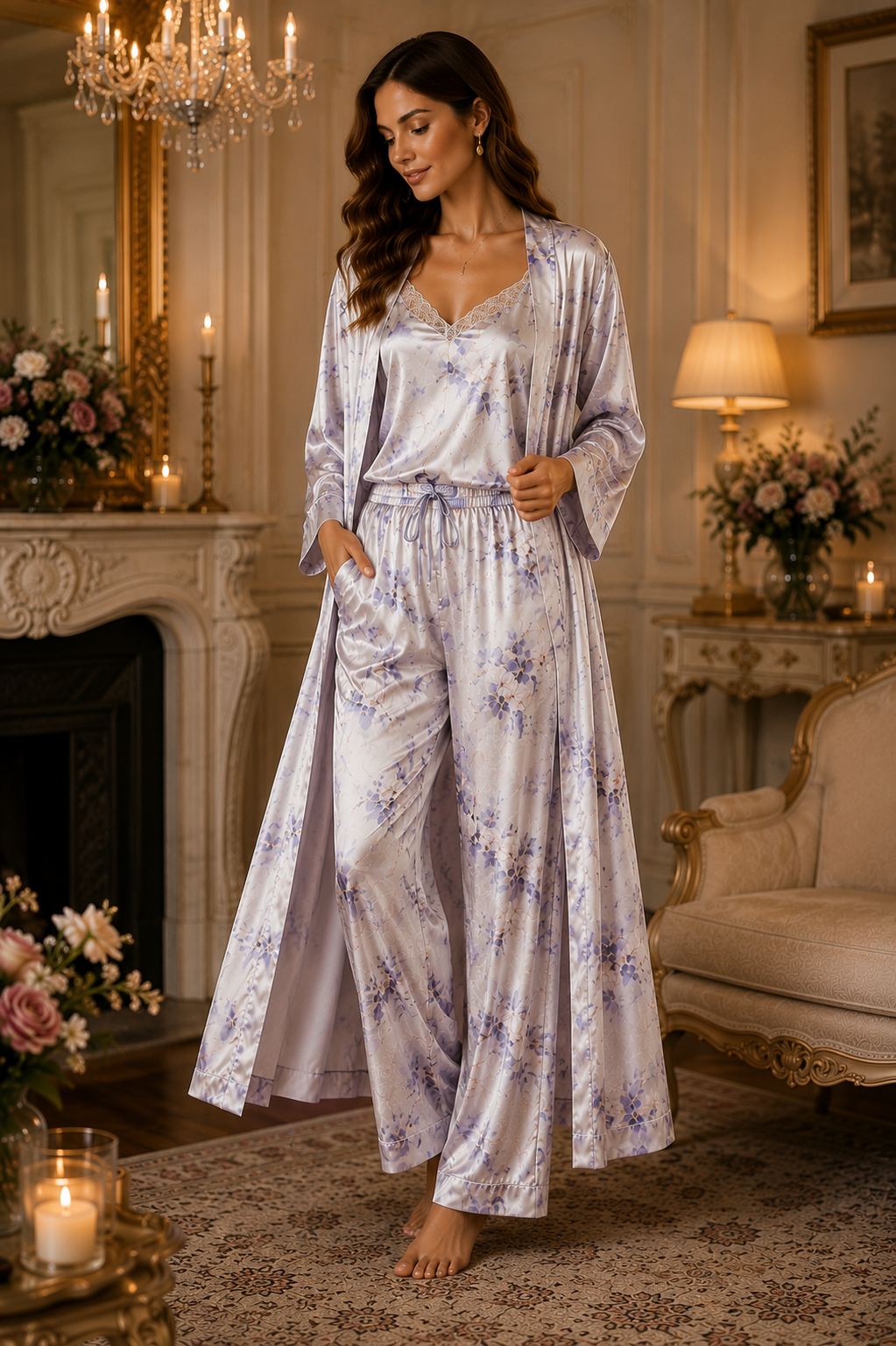 Women’s Premium Lavender Floral Satin 3-Piece Night Suit with Lace Camisole, Wide-Leg Pants & Long Robe