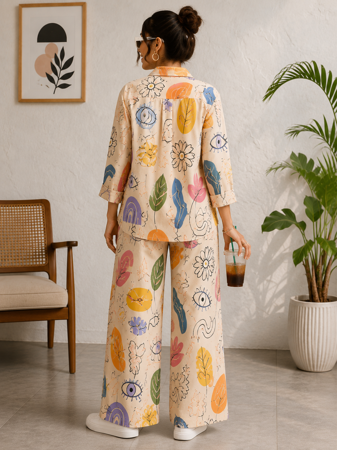 Women's Premium Cotton Printed Co-ord Lounge Set – White Multicolor Floral Print