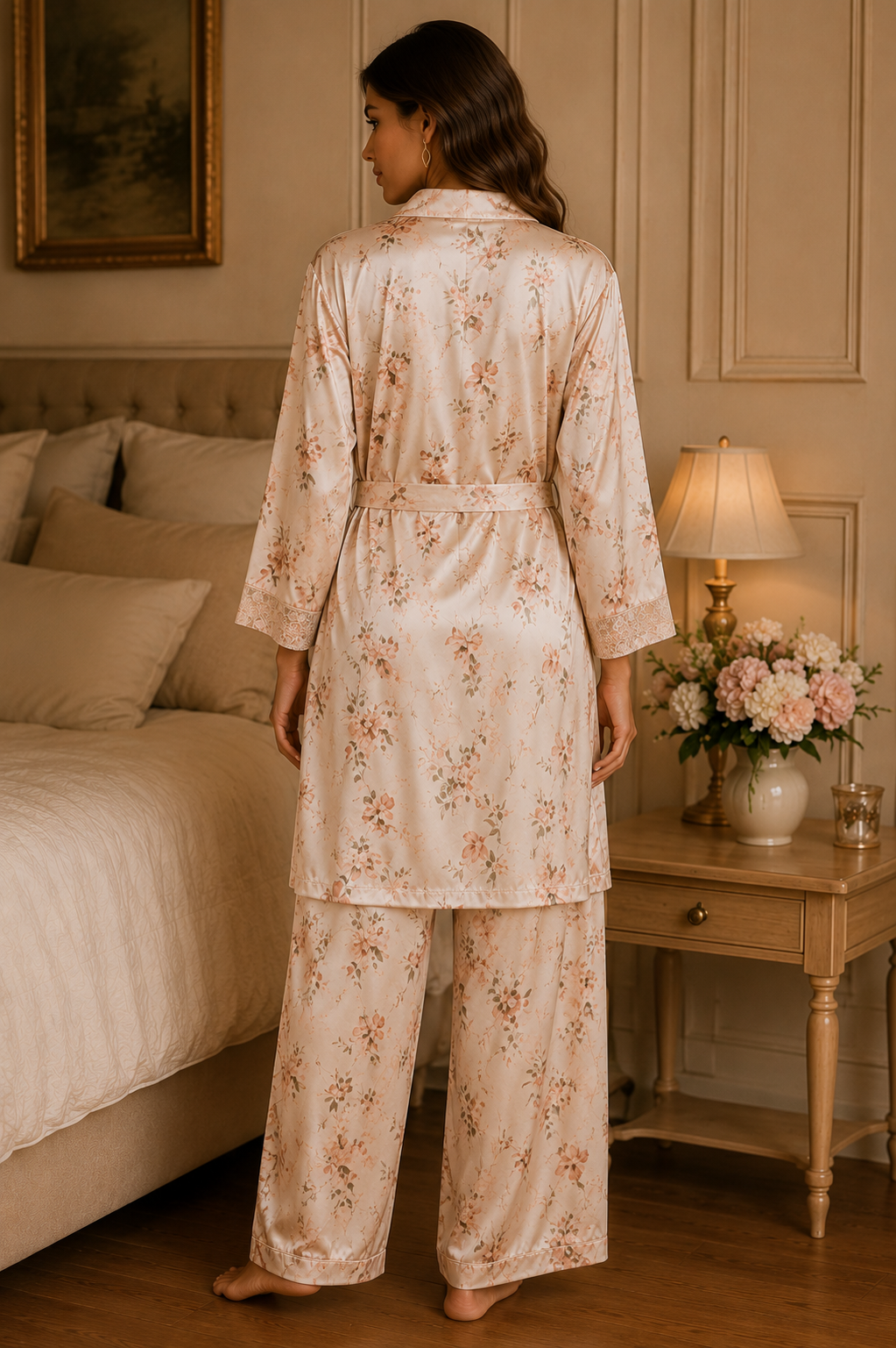 Women’s Cream Floral Satin 3-Piece Lounge Set with Long Robe