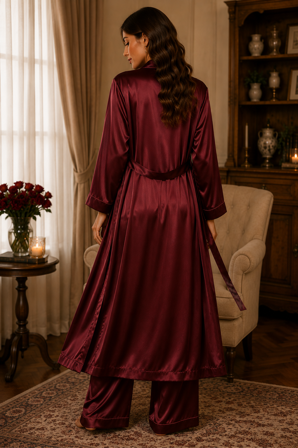 Women’s Premium Satin 3-Piece Night Suit with Lace Camisole, Wide-Leg Pants & Long Robe