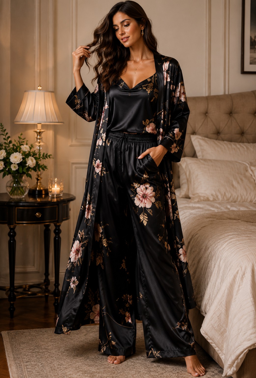 Luxury Black Floral Satin 3-Piece Lounge Set