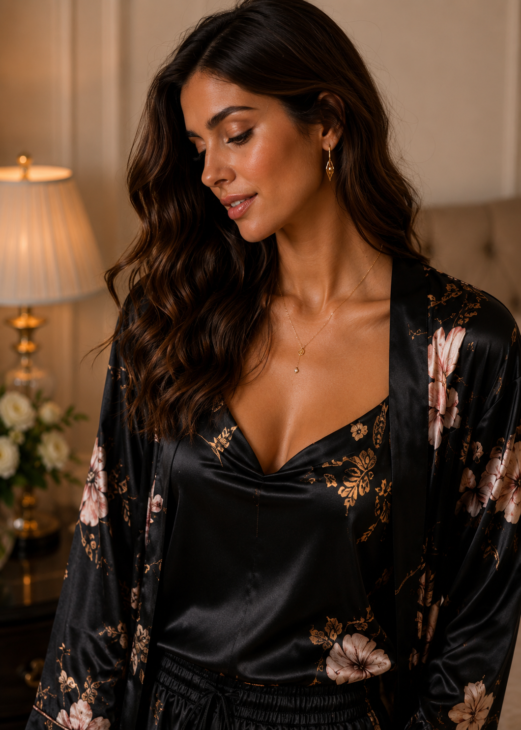 Luxury Black Floral Satin 3-Piece Lounge Set