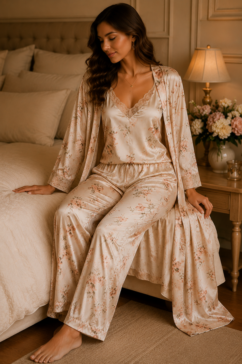 Women’s Cream Floral Satin 3-Piece Lounge Set with Long Robe