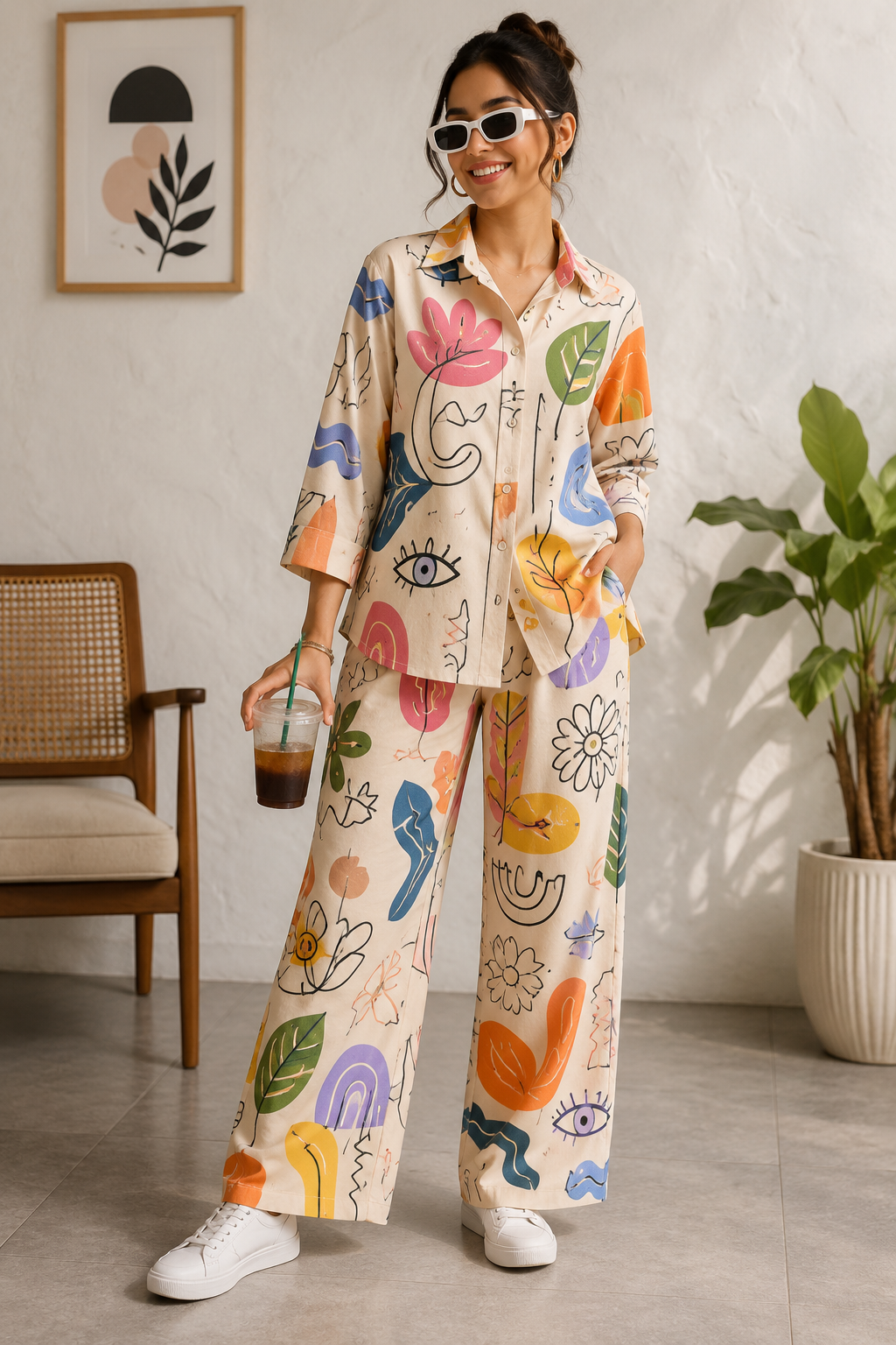 Women's Premium Cotton Printed Co-ord Lounge Set – White Multicolor Floral Print