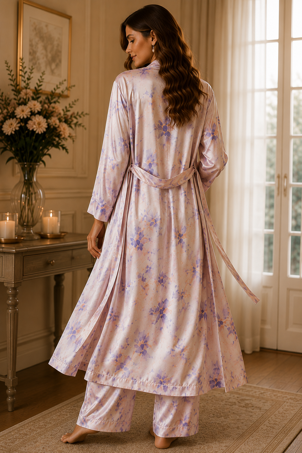 Women’s Floral Satin 3-Piece Lounge Set – Pastel Lavender