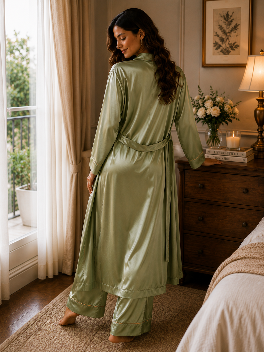 Women’s Plain Satin 3-Piece Lounge Set with Long Robe Set