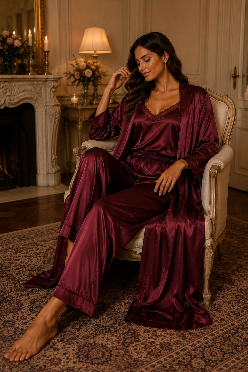 Women’s Premium Satin 3-Piece Night Suit with Lace Camisole, Wide-Leg Pants & Long Robe