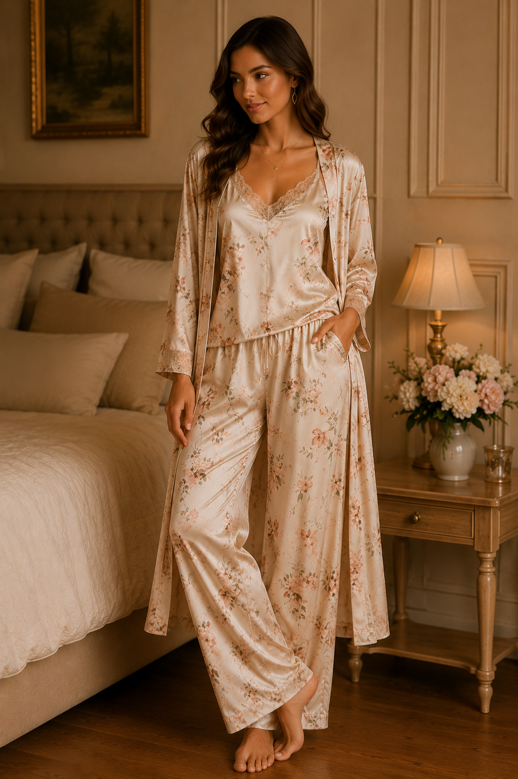 Women’s Cream Floral Satin 3-Piece Lounge Set with Long Robe
