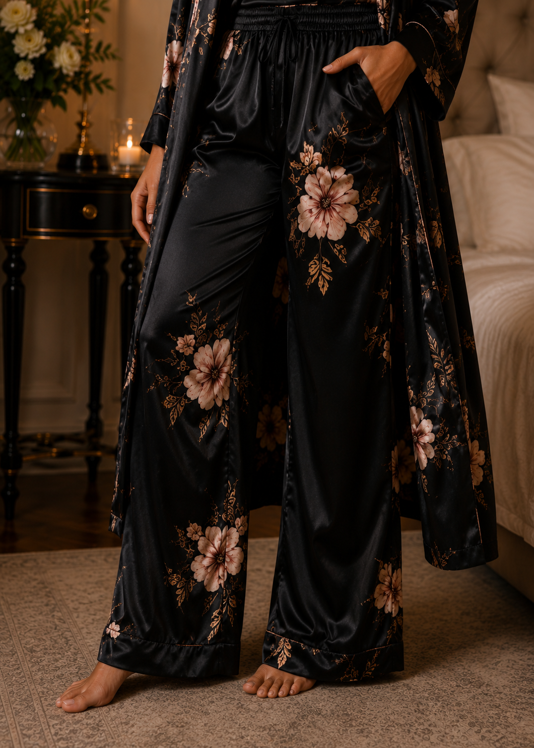 Luxury Black Floral Satin 3-Piece Lounge Set