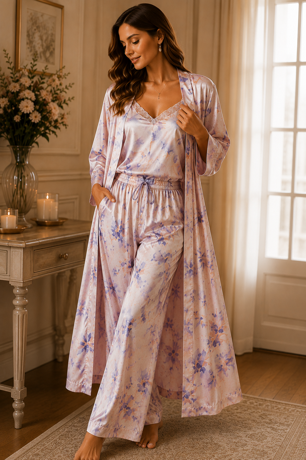 Women’s Floral Satin 3-Piece Lounge Set – Pastel Lavender