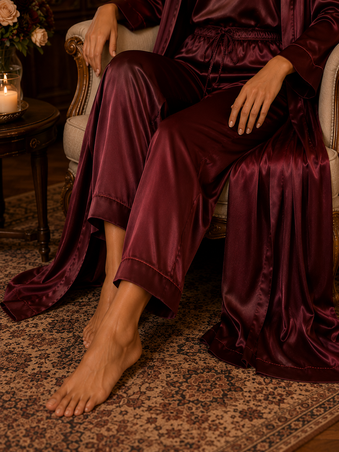 Women’s Premium Satin 3-Piece Night Suit with Lace Camisole, Wide-Leg Pants & Long Robe