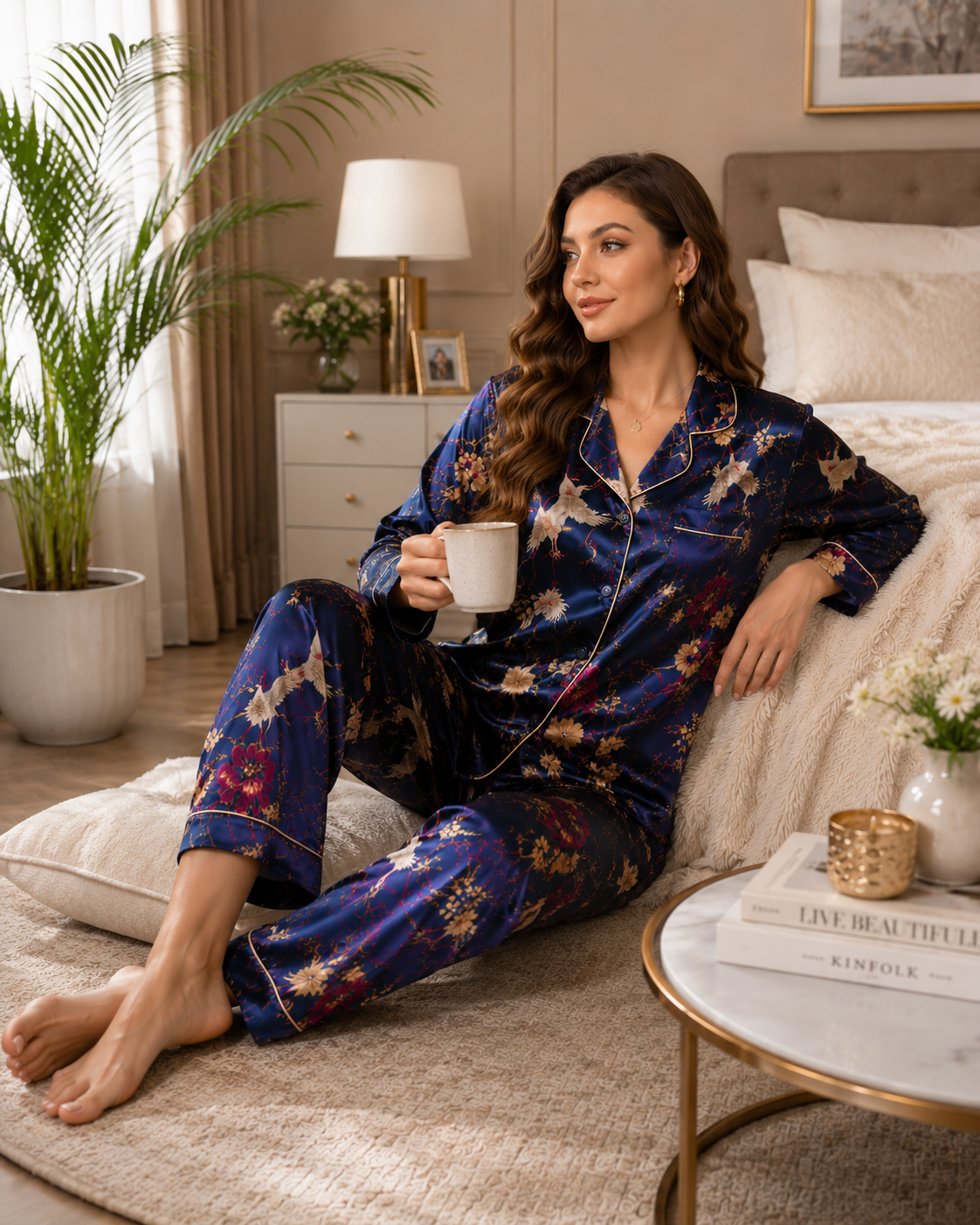 Women’s Navy Blue Floral Satin Night Suit Set