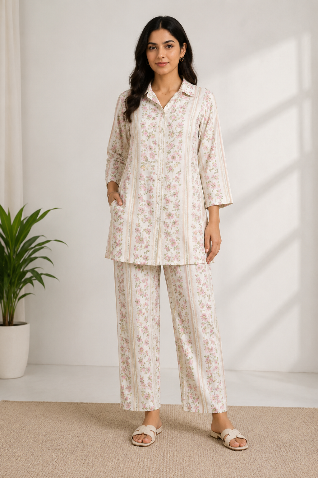 Women's Premium Ivory Floral Cotton Co-ord Set