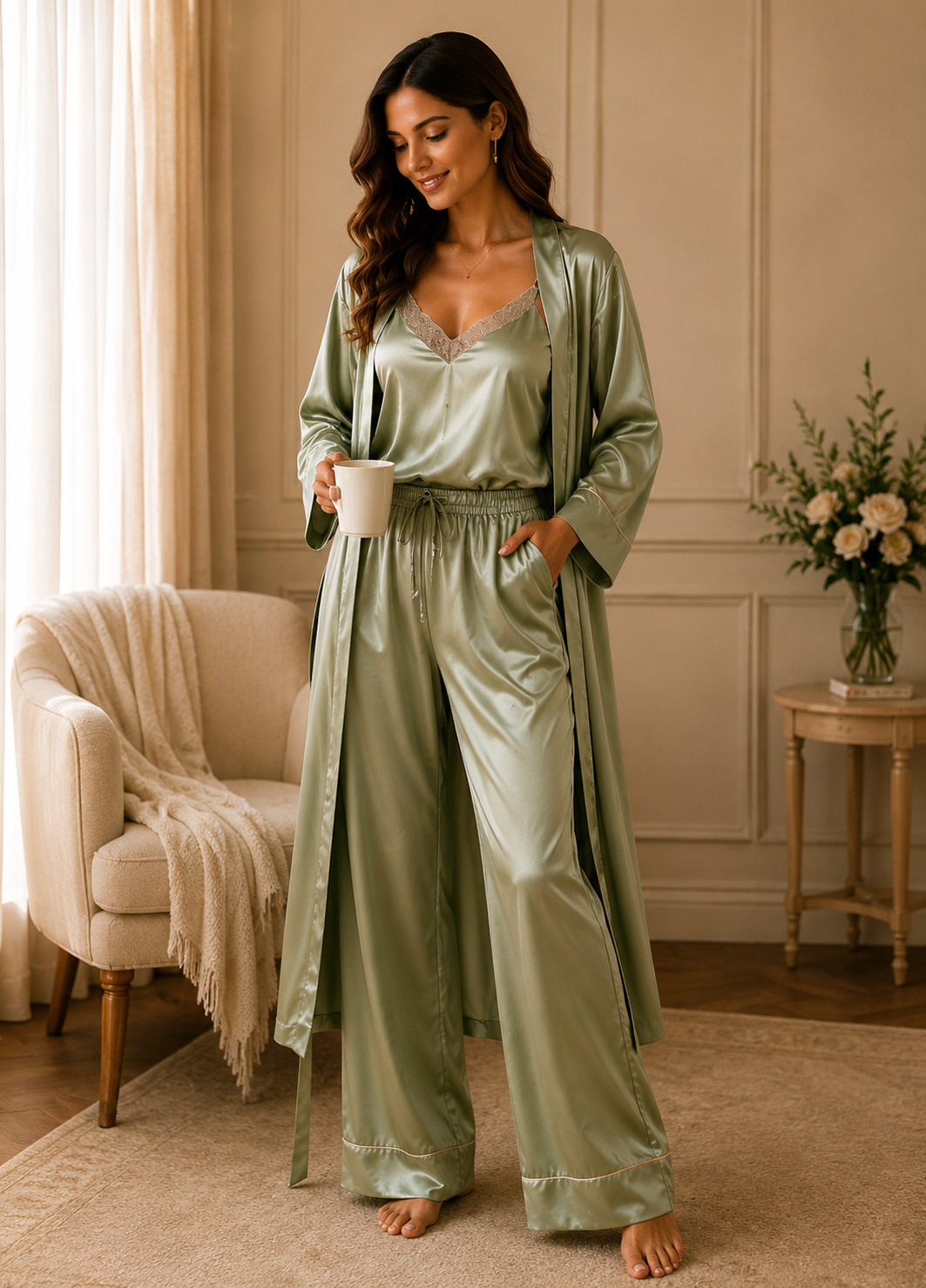 Women’s Plain Satin 3-Piece Lounge Set with Long Robe Set