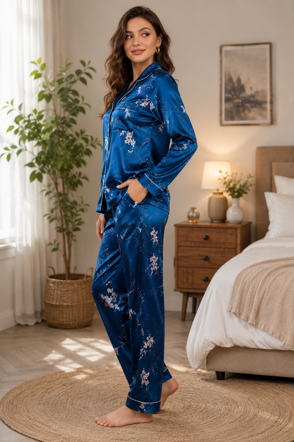Women’s Blue Floral Satin Night Suit Set | Full Sleeve Button-Down Pajama Set  Product Description